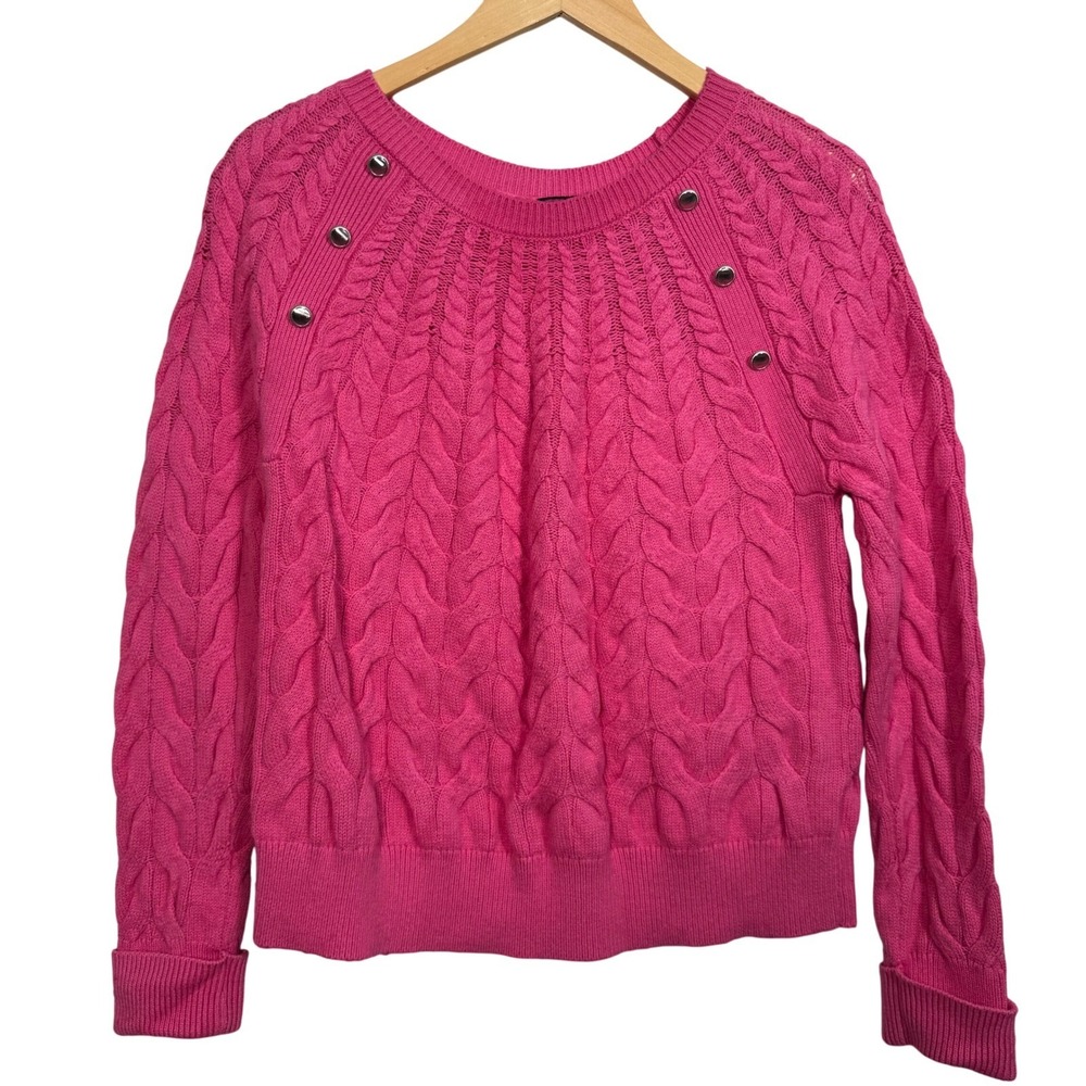 Talbots Womens Cable Knit Sweater Medium Pink Crew Neck‎ Embellished Relaxed